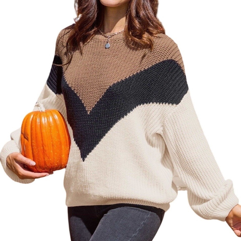 Cupshe Women Brown Chevron‎ Colorblock Chunky Knit Crew Neck Sweater Size M NEW